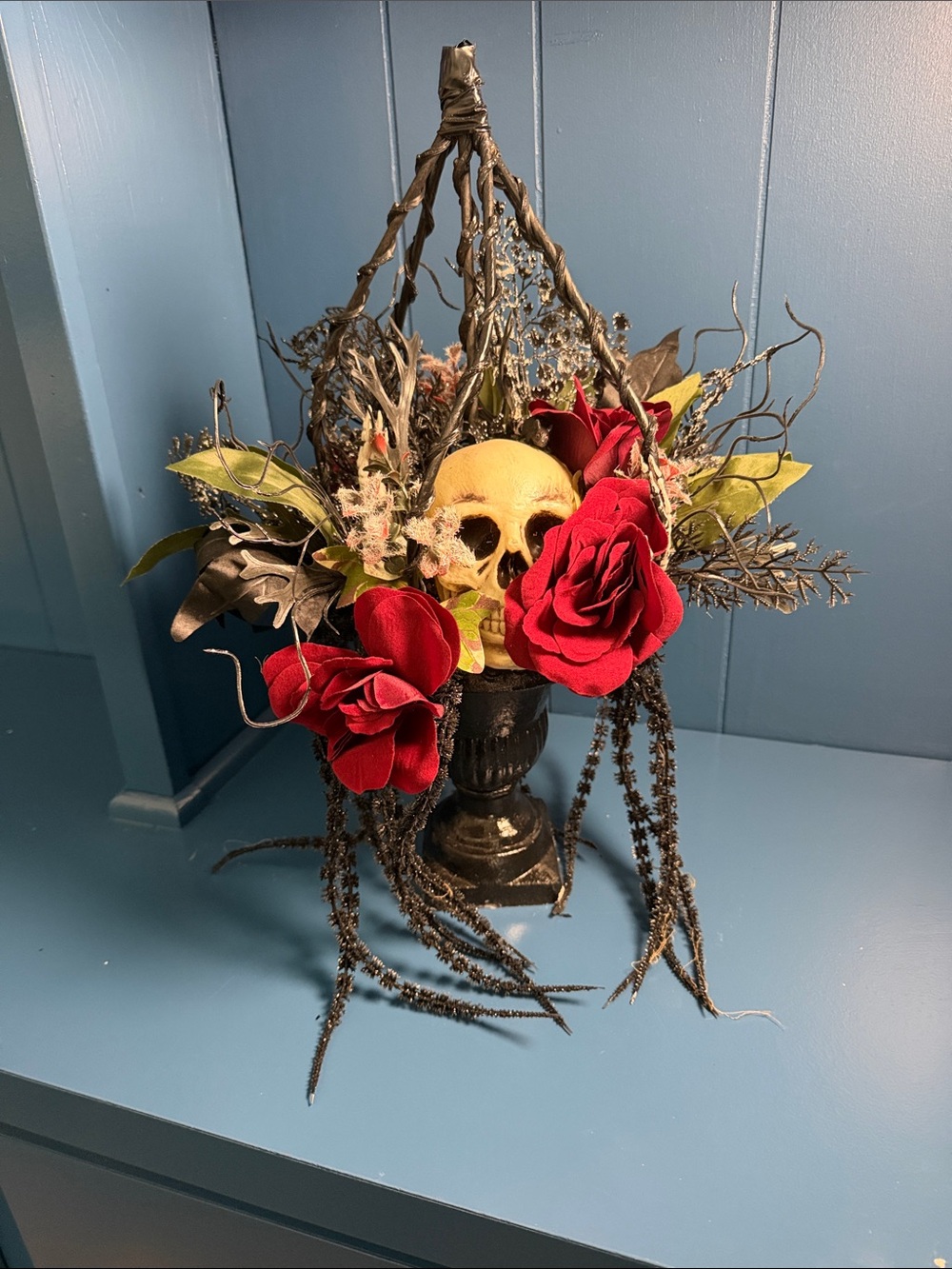 Gothic Skull Floral Urn - Red and Black Decorative Accent